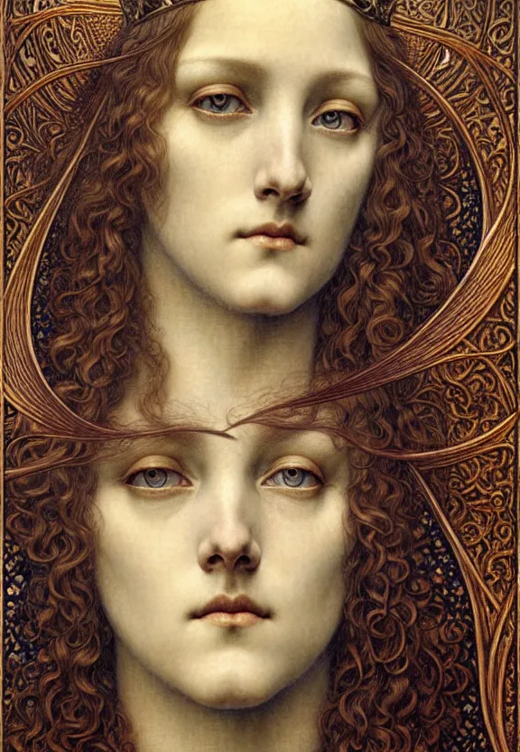 Image similar to detailed realistic beautiful young medieval queen face portrait by jean delville, gustave dore and marco mazzoni, art nouveau, symbolist, visionary, gothic, pre - raphaelite. horizontal symmetry