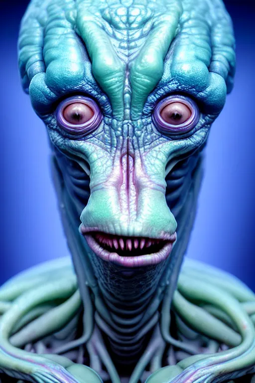 Image similar to hyperrealistic close-up pastel rococo alien! highly detailed concept art eric zener elson peter cinematic hard blue lighting high angle hd 8k sharp shallow depth of field, inspired by David Paul Cronenberg and Zdzisław Beksiński