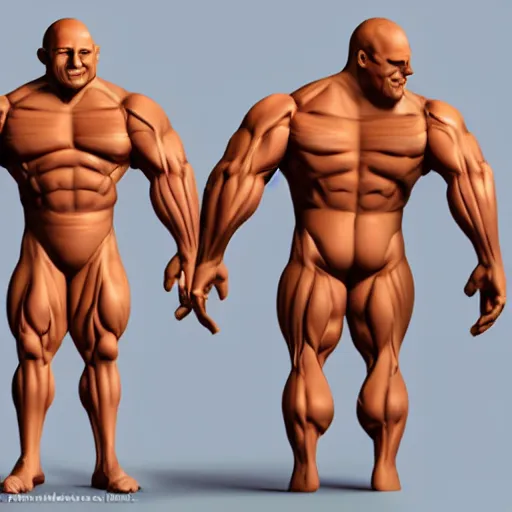 Image similar to extremely muscular bald man, small legs, exaggerated arms, 3 d model, gladiator, small head.