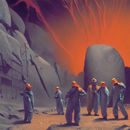 Image similar to wide - shot photo of a group of scientists in hazmat suits, studying a hell open rift portal, by shaun tan, codachrome, hellish, unsettling, otherworldly, smoke, machines, floating rocks, megalophobia, 8 k, hd, highly detailed,