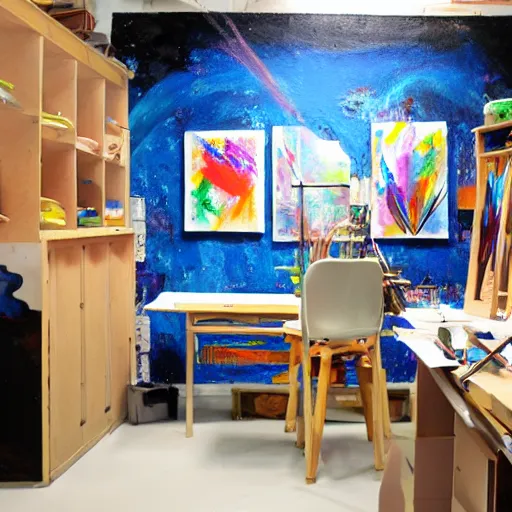 Prompt: : art studio with absract painting on the wall