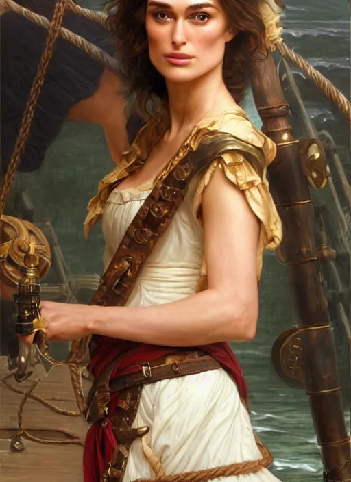 Prompt: portrait Keira Knightley as sea pirate on a ship, full length shot, shining, 8k highly detailed, sharp focus, illustration, art by artgerm, mucha, bouguereau