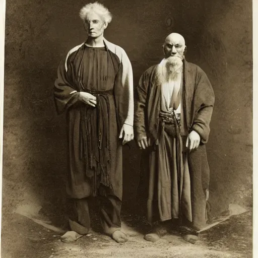 Prompt: two men stand beside one another, an alchemist and a shaman, ancient esoteric era, studio photography