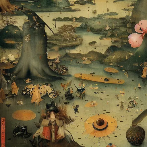 Prompt: Japanese Landscape by Hieronymus Bosch and James Jean, Ross Tran, hypermaximalist, 8k, surreal oil painting, highly detailed, dream like, masterpiece