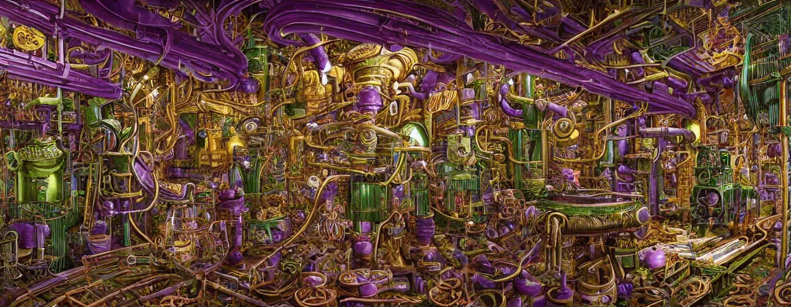 Image similar to a super high resolution film still of densely packed machine apparatus for making snake oil, huge copper machine with fine purple and green intricate pipework, art by jacek yerka, and ed roth, directed by denis villeneuve, cinematography by robby muller, fine detail, kodachrome 8 k, snake machine, cinematic lighting