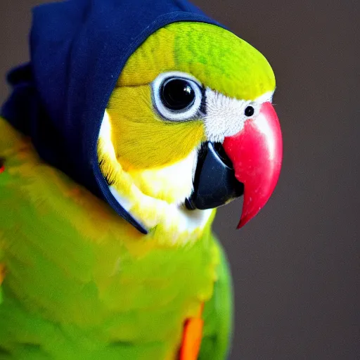 Prompt: a parakeet wearing a hoodie, the hoodie is shaped like winnie the poohs head, photo