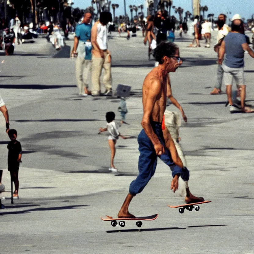 Prompt: Michel Foucault skateboarding at Venice Beach, 1980 street photography color