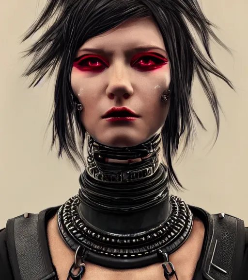 Image similar to detailed realistic female character cyberpunk wearing thick steel collar around neck, realistic, art, beautiful, 4K, collar, choker, collar around neck, punk, artstation, detailed, female, woman, choker, cyberpunk, neon, punk, collar, choker, collar around neck, thick collar, tight around neck, punk, leather collar, cyberpunk,