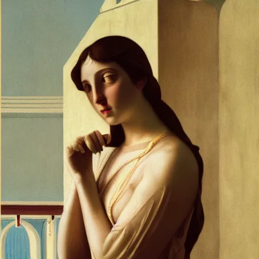 Image similar to a girl in a temple, film still by wes anderson, depicted by canova, limited color palette, very intricate, art nouveau, highly detailed, lights by hopper, soft pastel colors, minimalist