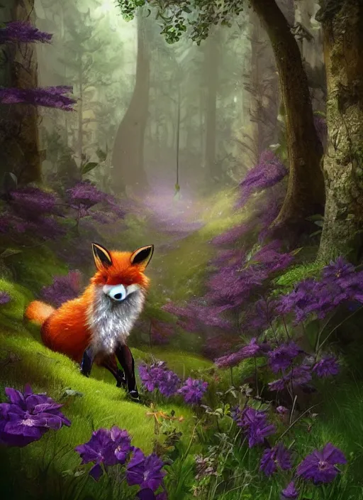 Prompt: Magical fox, sneaking in a forest, fantasy, painting, violet flowers, illustration, high quality, highly detailed, Marc Simonetti, Andreeva Katerina