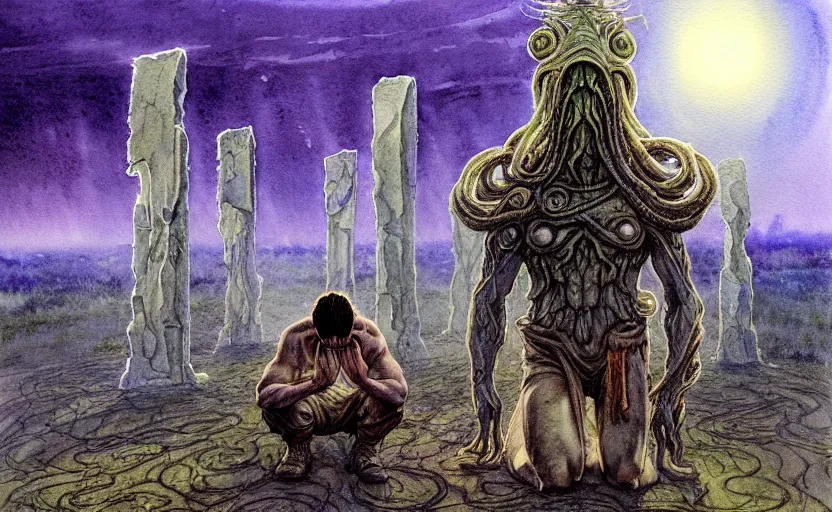 Image similar to a hyperrealist watercolour character concept art portrait of a pagan worshipper kneeling down in prayer in front of a tall elegant lovecraftian alien on a misty night in stone henge. a battlecruiser starship is in the background. by rebecca guay, michael kaluta, charles vess and jean moebius giraud