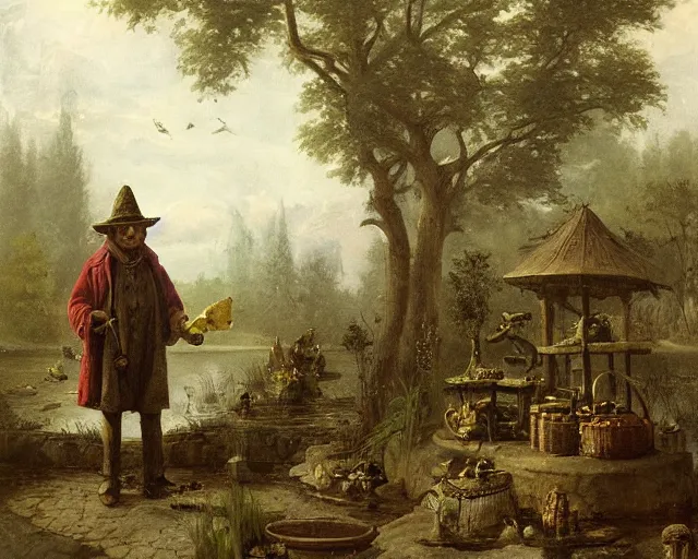 Image similar to frog wizard selling magical wares on a stand next to a pond by achenbach, andreas