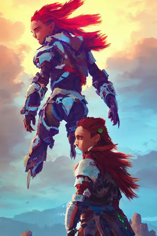 Image similar to combination suit armor aloy horizon forbidden west horizon zero dawn radiating a glowing aura global illumination ray tracing hdr fanart arstation by ian pesty and alena aenami artworks in 4 k tribal robot ninja mask helmet backpack