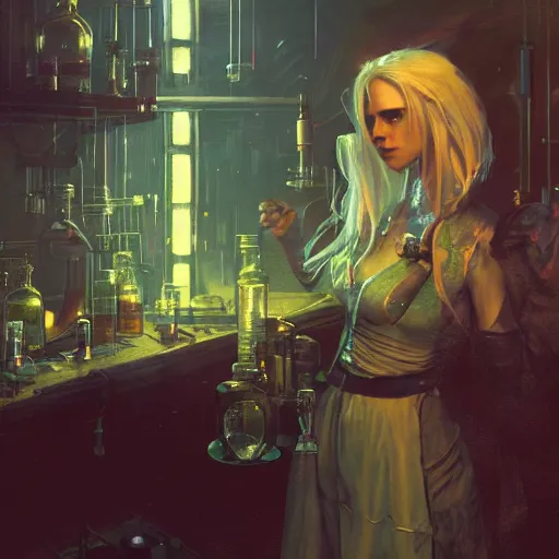 Image similar to cyberpunk alchemy laboratory full of potions, ciri from the witcher it's in the lab. by jeremy mann and alphonse mucha, photo realistic, dynamic lighting, windy, artstation, poster, dreamy, volumetric lighting, ethereal, 4 k, high detail