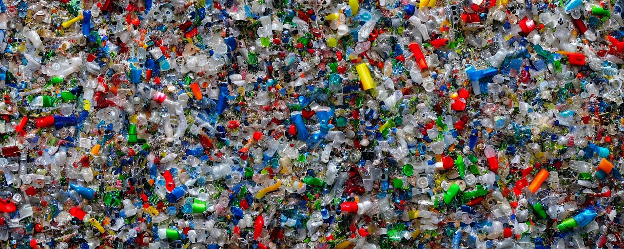 Prompt: a piece of plastiglomerate made from plastic bottles and face masks, photographic,