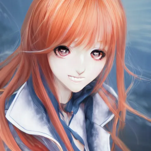 Image similar to luxury advertisement, astonishing portrait of a very beautiful anime high-school girl with light orange hair twintails, white ribbon, full perfect face, realistic, highly detailed background, artstation, 120 degree view, drawn by Sasoura, Satchely and Akihiko Yoshida, no distortion