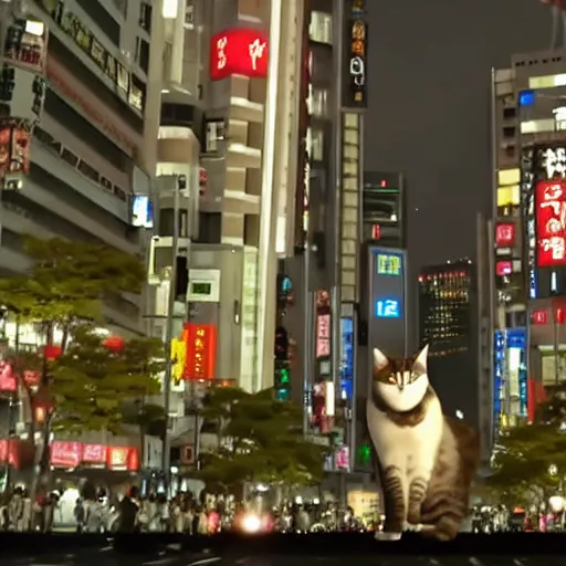 Image similar to a giant cat wrecking downtown tokyo, cinematic movie still