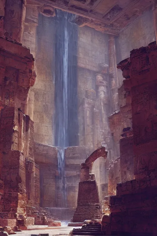 Prompt: looking up at ancient egyptian ruins interior, waterfall, huge statues, intricate, elegant, vivid colors, highly detailed, john park, craig mullins, sparth, ruan jia, jeffrey catherine jones