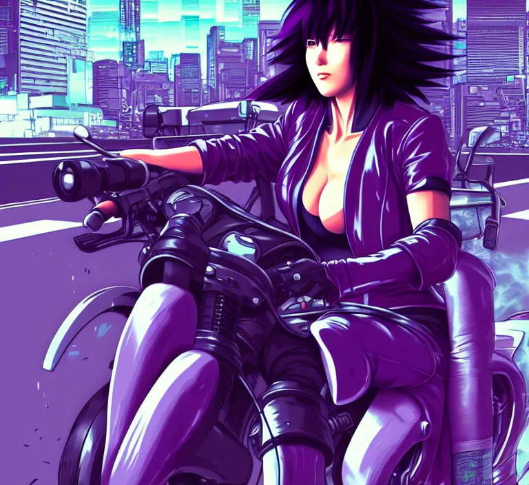 Image similar to motoko kusanagi riding a cyberpunk vehicle in a grungy cyberpunk megacity, bosozoku gang war, cyberpunk vaporwave, artgerm, sola digital arts, anti aliasing, raytracing