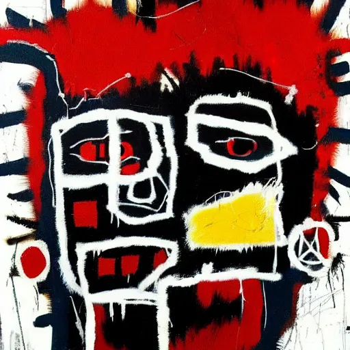 Prompt: gritty splattered punk painting of a geometric face with surprised expression, painted by basquiat. dark background. trending on artstation.