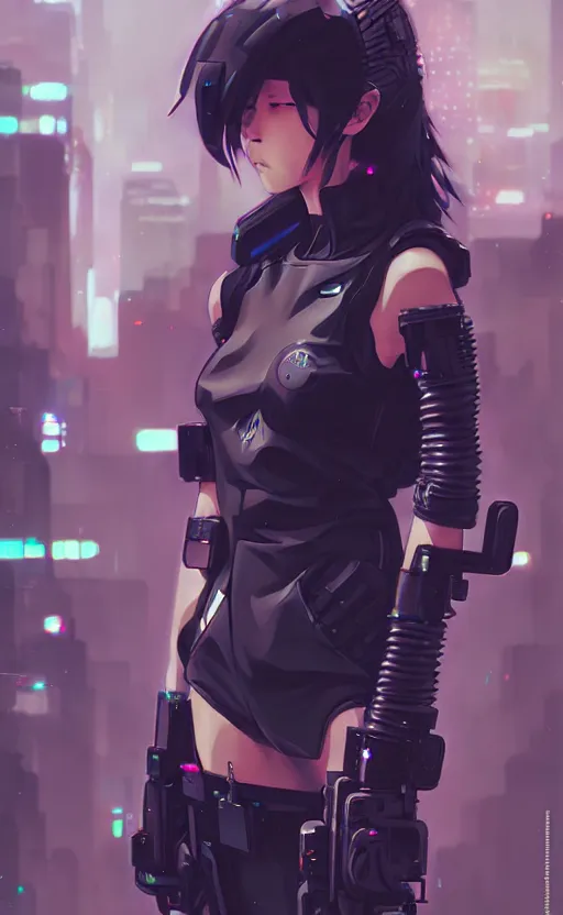 Image similar to cyberpunk anime girl mech, cyberpunk accessory, 3 / 4 shot, street night, beautiful face, grafity, arcane, detail, good face, pose model, concept art, in style of yoji shinkawa, pan ren wei, col price, atey ghailan, by greg rutkowski, aesthetic, digital painting, 3 d