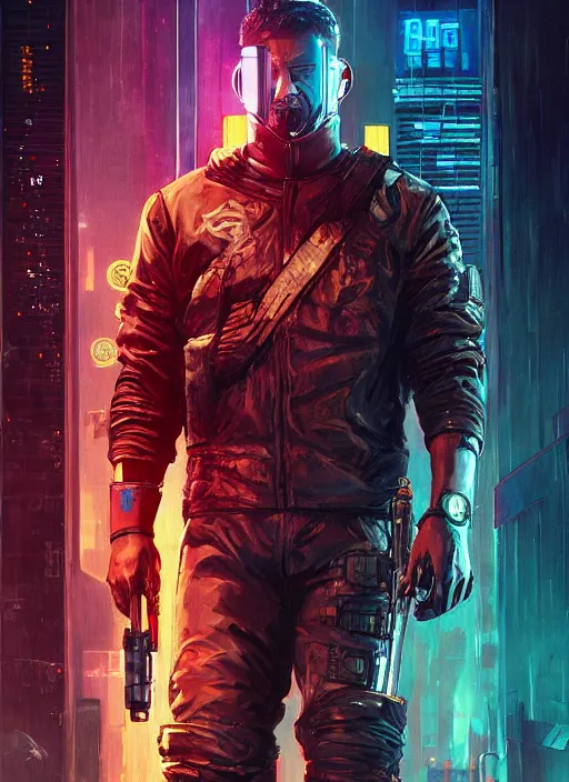 Image similar to cyberpunk Teddy Roosevelt. Cyberpunk ninja in tactical gear. blade runner 2049 concept painting. Epic painting by James Gurney, Azamat Khairov, and Alphonso Mucha. ArtstationHQ. painting with Vivid color. (rb6s, Cyberpunk 2077)