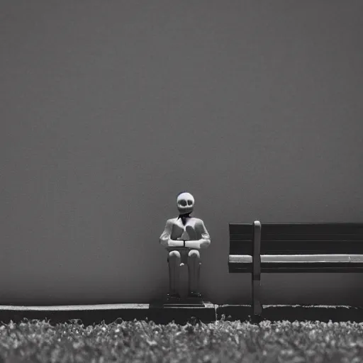 Image similar to macro photography of a tiny plastic depressed man in a suit, sitting on a bench with his cat, 3 5 mm macro shot,