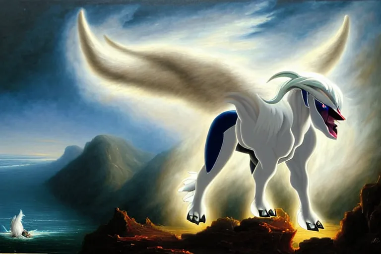 Prompt: a dramatic and detailed oil painting of absol from pokemon and a natural disaster by thomas cole and ken sugimori | absol has white fur, spurs, a sheep's face, each of it's four limbs ends in large paws with three clawed talons, the floof of a white silkie chicken shaped like a sleek edgy wolf