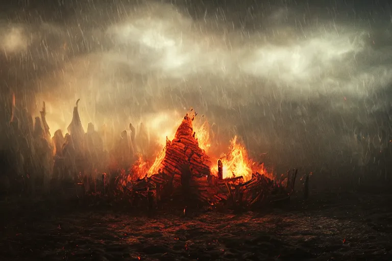 Prompt: the most amazing dream you ever had about bonfire party under rain, nature with eerie dark cloud,, hyper realistic, ambient lighting, concept art, intricate, hyper detailed, smooth, dynamic volumetric lighting, octane, cinematic