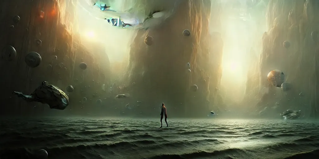 Prompt: realistic scene of human being lost in time and space, floating thru dimensions, greg rutkowski, seb mckinnon, matte painting, delicate, mysterious, hyper realism, ultra realistic, 8 k