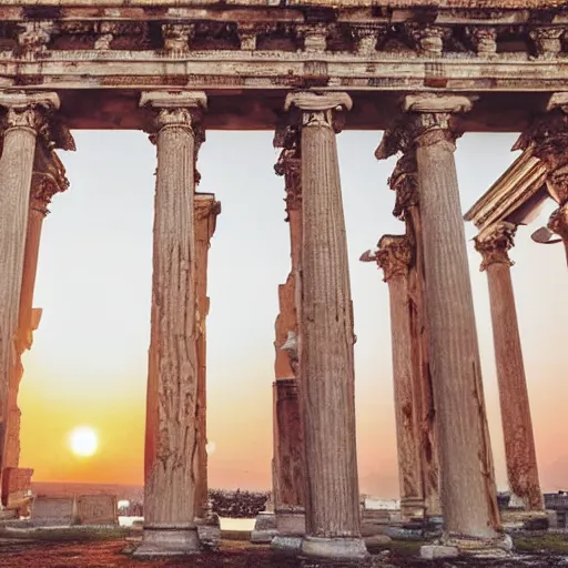 Prompt: A woman wrapped in billowing veils in water under two gilded Roman columns made of human bones, sunset, super photo-realistic