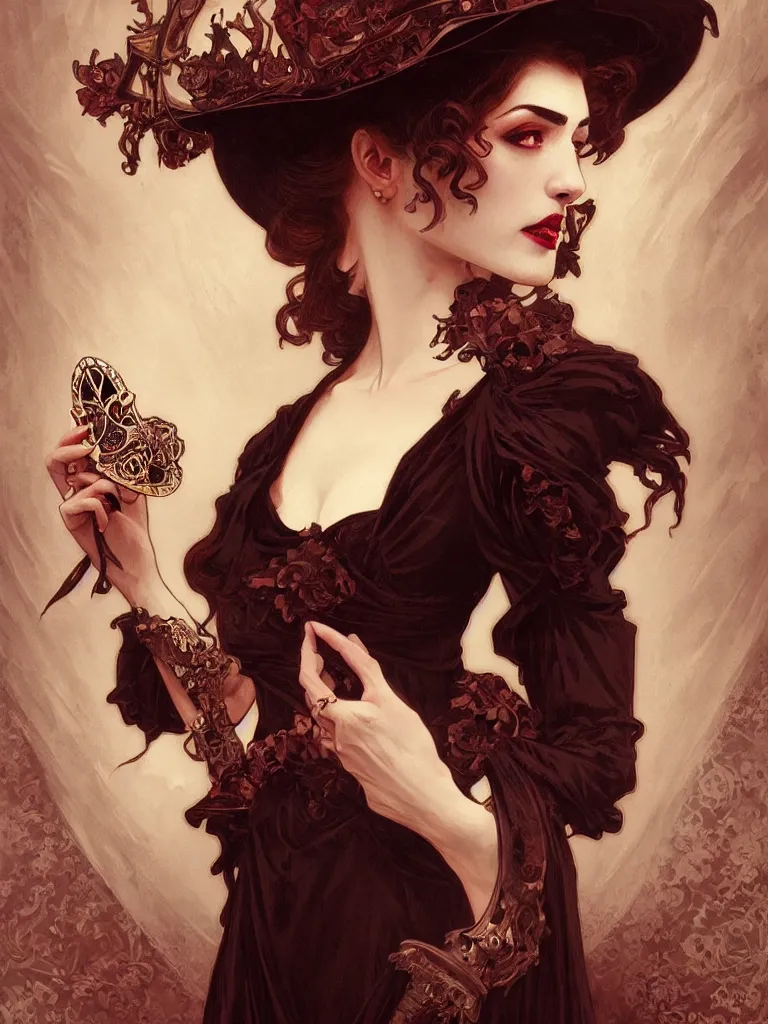 Image similar to elegant single victorian vampire holding a venetian mask on her hand, portrait, intricate, elegant, highly detailed, digital painting, artstation, occult symbols, ceremonial, enochean, mystical, concept art, rough, sharp focus, illustration, art by artgerm and greg rutkowski and alphonse mucha and cris ortega and serge birault