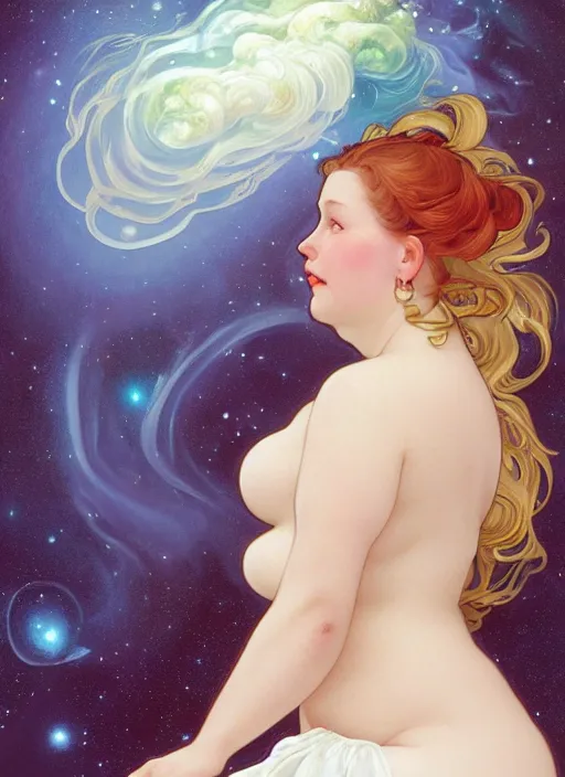 Image similar to a chubby white woman with pointed ears, wearing a white sundress, and a swirling sparkling cloud nebula for hair, realistic painting by ross tran and gerald brom and alphonse mucha, ilya kuvshinov, svetlana tigai, artgerm, trending on artstation