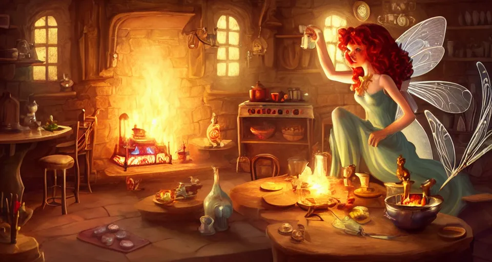 Prompt: a close - up of a fairy in a vintage magical kitchen, with a fireplace in the background d & d, fantasy, intricate, elegant, digital painting, artstation, concept art, smooth, sharp focus, sticker illustration