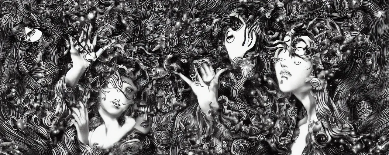 Image similar to musical goddess performing in Misono Universe, surrealist psychedelic collage painting in the style of Magritte, artgerm, Yoshio Awazu, 3d render, artstation trending, black and white, detailed penwork