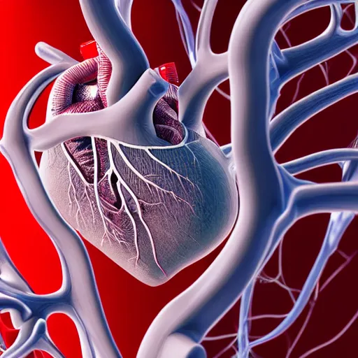 Image similar to A highly detailed and realistic 3D render of a human heart, with veins and arteries visible, medical illustration, 4k