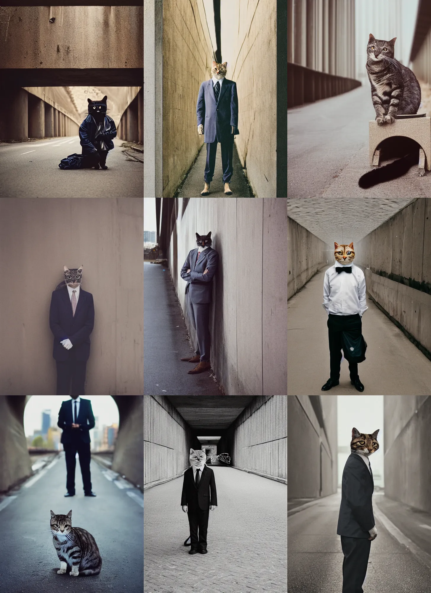 Prompt: medium format film portrait of a homeless anthropomorphic cat wearing a suit under a bridge, hasselblad film bokeh, unsplash, soft light photographed on colour expired film