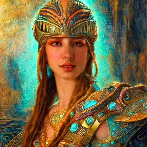 Prompt: artstation, intricate details, hyper details, by gaston bussiere, tan skin sumerian mystic lady of elche, egyptian sumerian features, techno mystic intergalactica electronic pop star, wearing labradorite armor with aqua neon rapunzel dreadlocks,