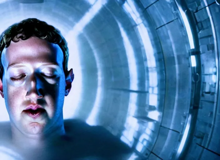 Image similar to film still of mark zuckerberg floating in a tank of milky fluid as a precog eyes closed and wires on his forehead minority report movie, 8 k