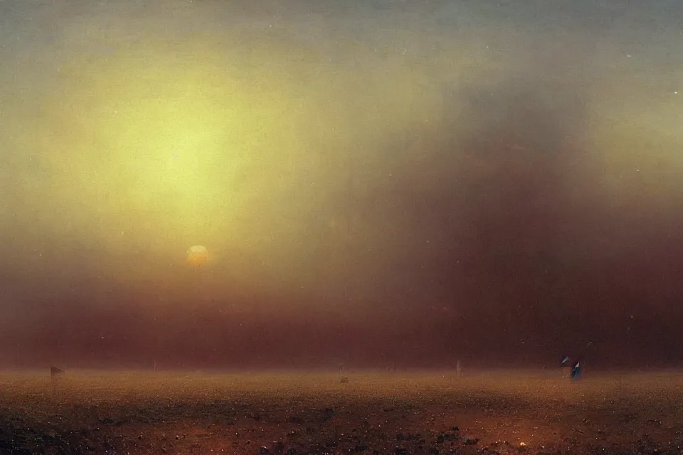 Image similar to sci-fi painting of a large alien city on the vast wheat fields, the closed back view of only one humanoid robot on the ground, by Ivan Aivazovsky, godrays, detailed