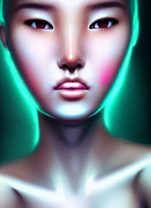 Image similar to photorealistic portrait of oriental female humanoid with freckle cheeks, cyber neon lightings, intricate, cyberpunk high fashion, elegant, crispy quality, digital photography, trending in artstation, trending in pinterest, glamor pose, no signature, no watermark, cinematic, octane render, art by artgerm, art by greg rutkowski, art by pascal blanche