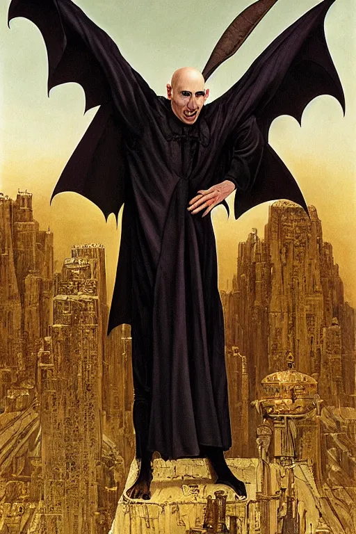 Image similar to a bald vampire wearing a long black robe with large bat ears huge black eyes and gray skin, character art, painting by james c christensen