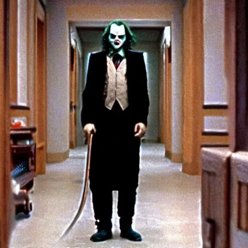 Image similar to jack torrance as the joker in the shining, standing at end of long hall holding an axe, widescreen shot, anamorphic film, screenshot by stanley kubrick