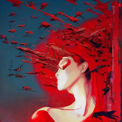 Image similar to portrait of a daydreaming melancholic latin woman in red habit being progressively rasterized into pixels from another world, she is surrounded by digital birds and a giant loving neon mecha robot is besides her, oil on canvas by yoji shinkawa, esao andrews, dave mckean and stina persson