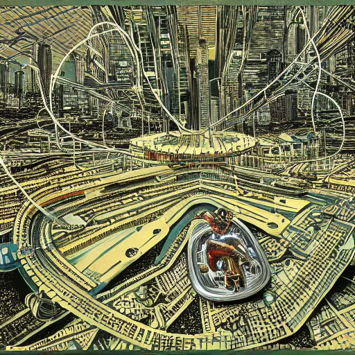 Image similar to hyper detailed aerial top down comic illustration of a man eaten by a machine in the centre of the composition, encircled by cybernetic gateways, by peter doig, very detailed, 4k, highly detailed, 8k wallpaper