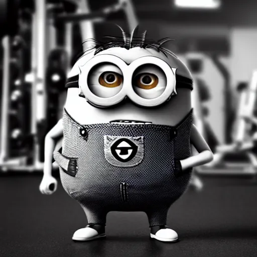 Image similar to black & white epic!!! photograph of a minion from “ despicable me ” in the gym lifting weights, very angry!!!!!! face, motivational poster, highly detailed, cinematic lighting, photo, award - winning photograph, professional photograph, dramatic posing, 8 k quality, dramatic rim lighting, high quality