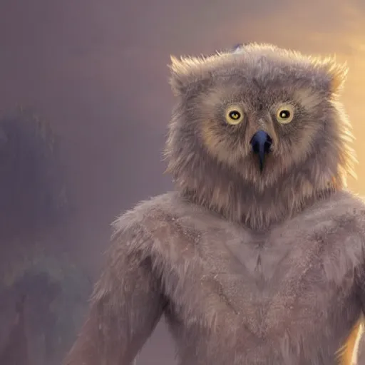 Prompt: a beautiful closeup shot from a fantasy film of a humanoid grey owlbear wearing a loose tunic. an anthropomorphic owlbear. golden hour. joseph ducreux, greg rutkowski.