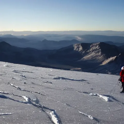 Prompt: two climbers walking on ice surface with a view of the red star.