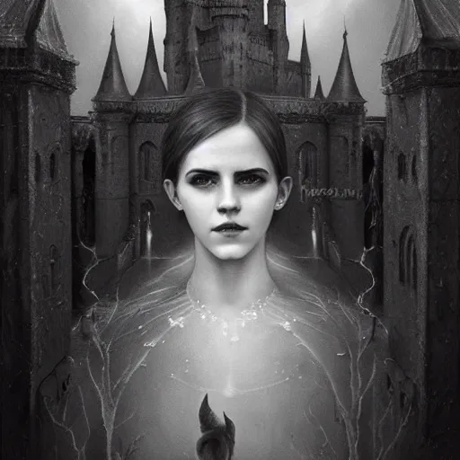 Prompt: By Tom Bagshaw, ultra realist soft painting of a castle court by night, centered fading Emma watson fully dressed, horror, omnious sky, symmetry accurate features, very intricate details, black and white, volumetric light clouds, 8K