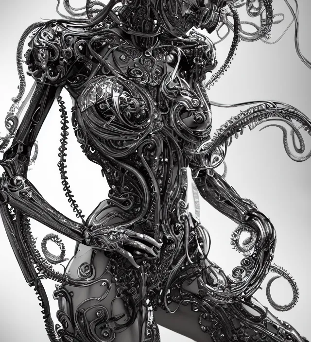 Image similar to photo 3 d rendering of a beautiful girl deity cyborg demon angel with tentacles epic photorealistic portrait in ito junji miura kentaro frank miller alex ross escher giger sorayama buddhist biopunk cosmic horror style depth of field lens flare leica zeiss detailed trending award winning on pixiv skeb